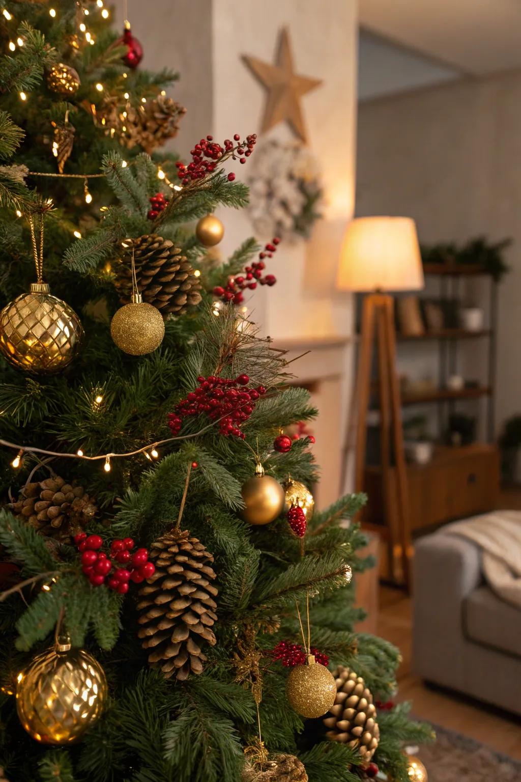 Glimmer-dusted pinecones adding charm to the tree