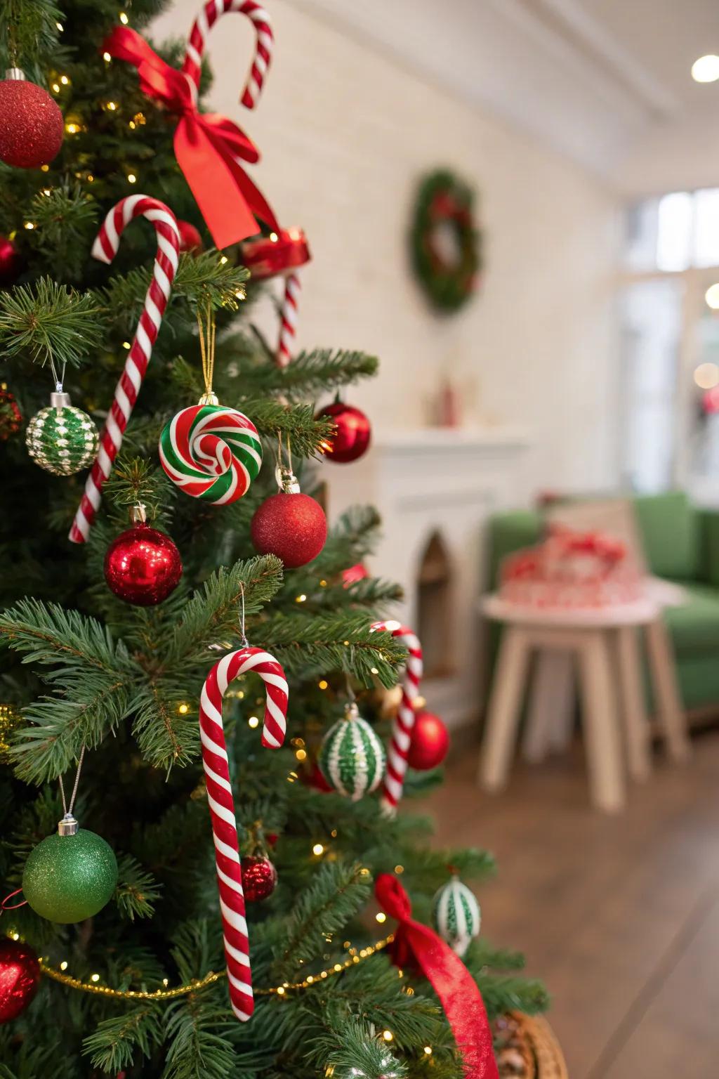 A playful peppermint stick-themed Christmas tree showcasing crimson and emerald decorations.