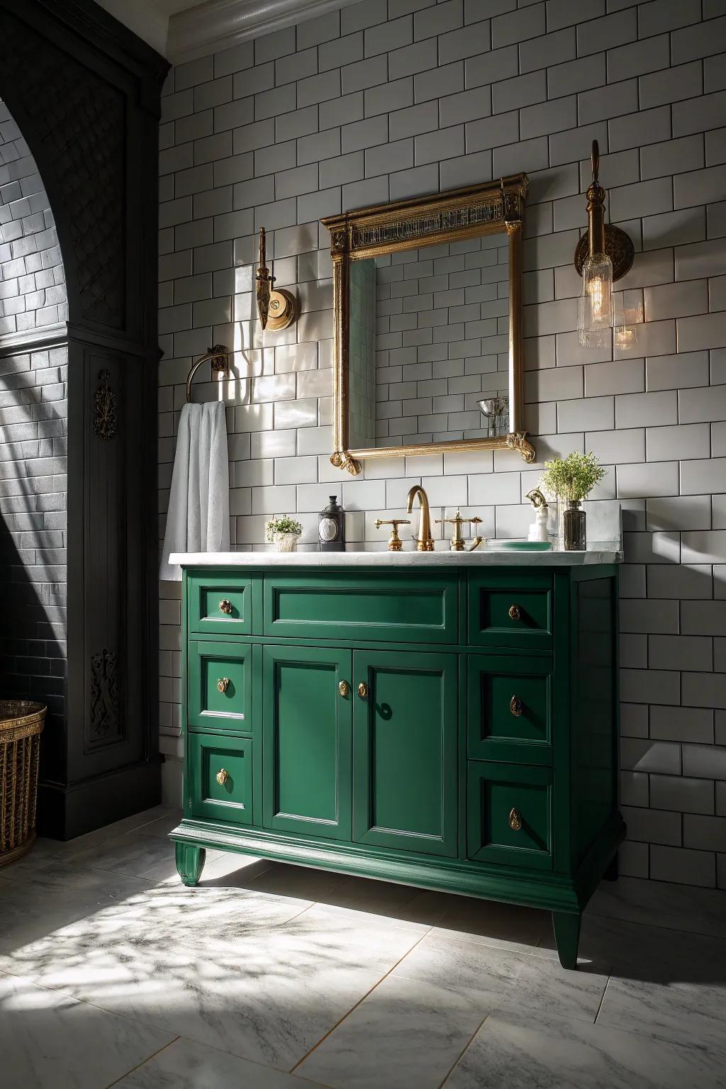 Hunter green vanity delivering a striking and dramatic appearance.