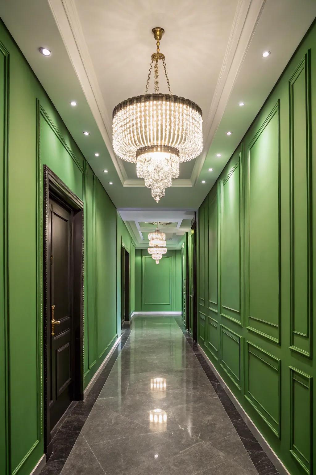 A modern chandelier enhances the chic nature of this green hallway.