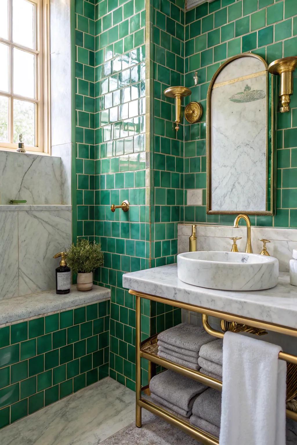 Texture play such as brass and stone when paired with green tiles introduce sophistication.