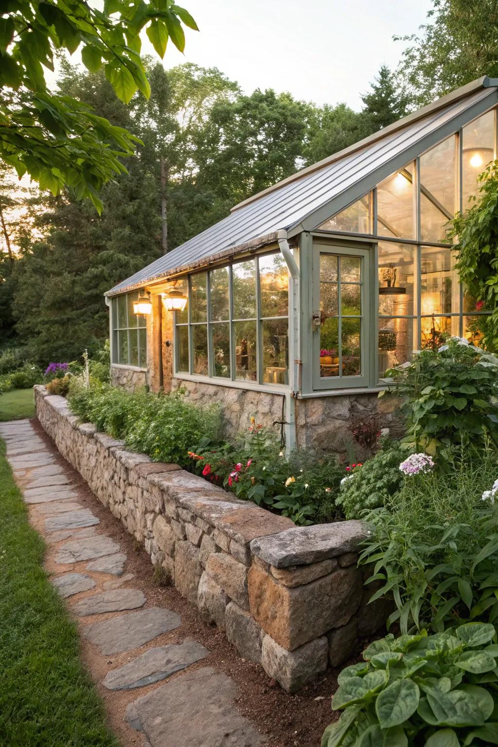 Simple stone features add charm to a greenhouse's outside.