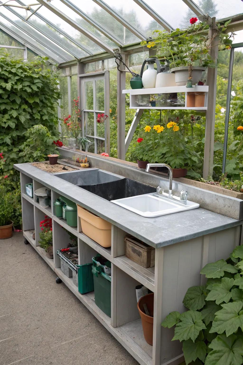 An all-purpose sink spot keeps gardening essentials organized.