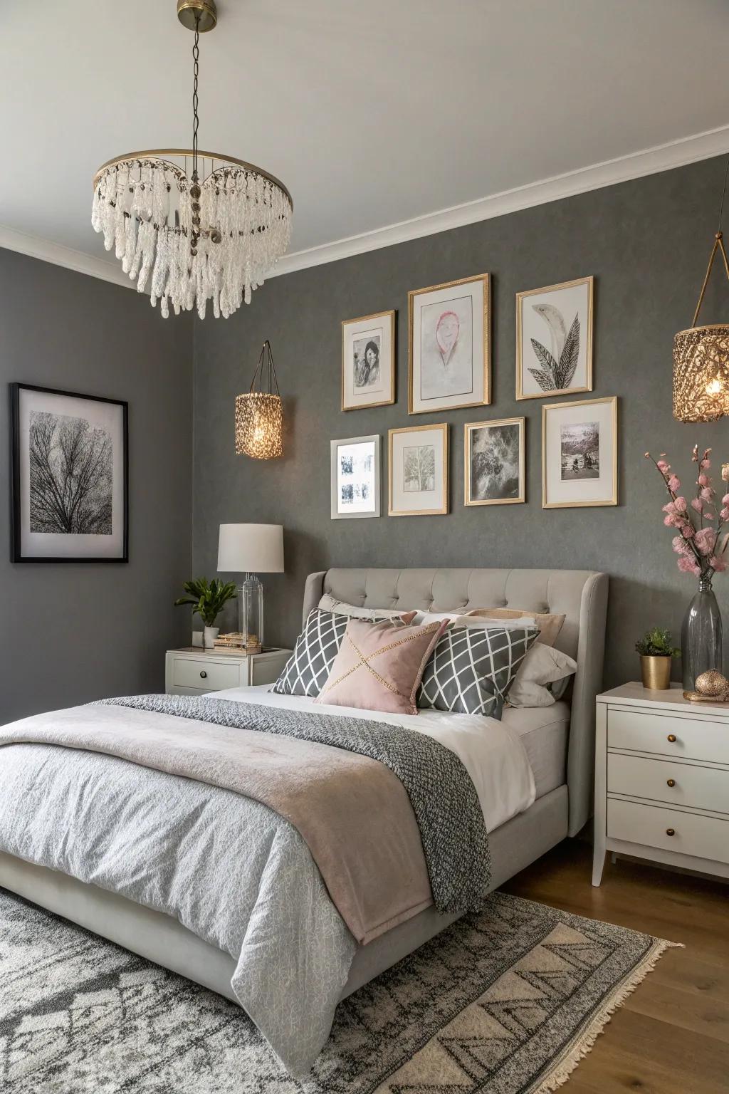 Art pieces breathe life into this grey feature wall.