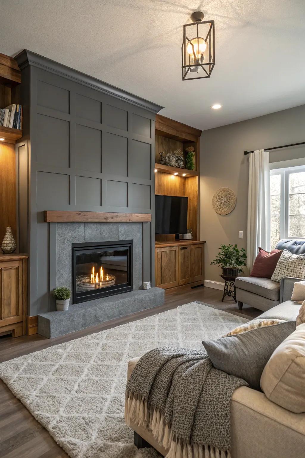 A cozy fireplace framed by a grey accent wall.