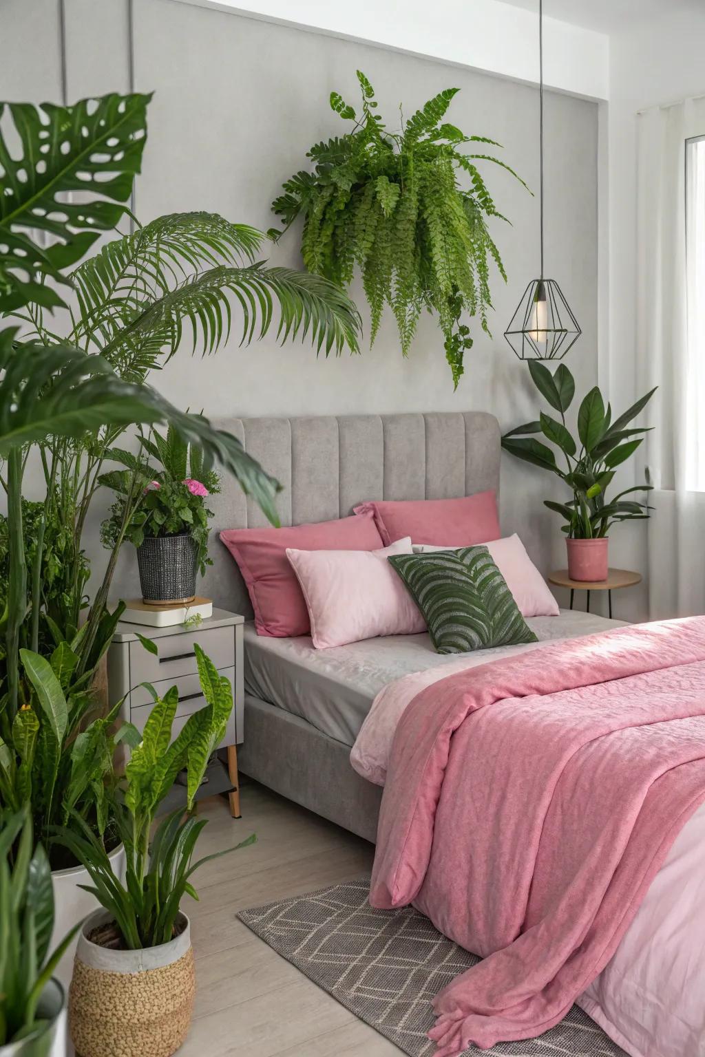 Foliage introduces a refreshing contrast to offset a rose coupled with graphite palette.