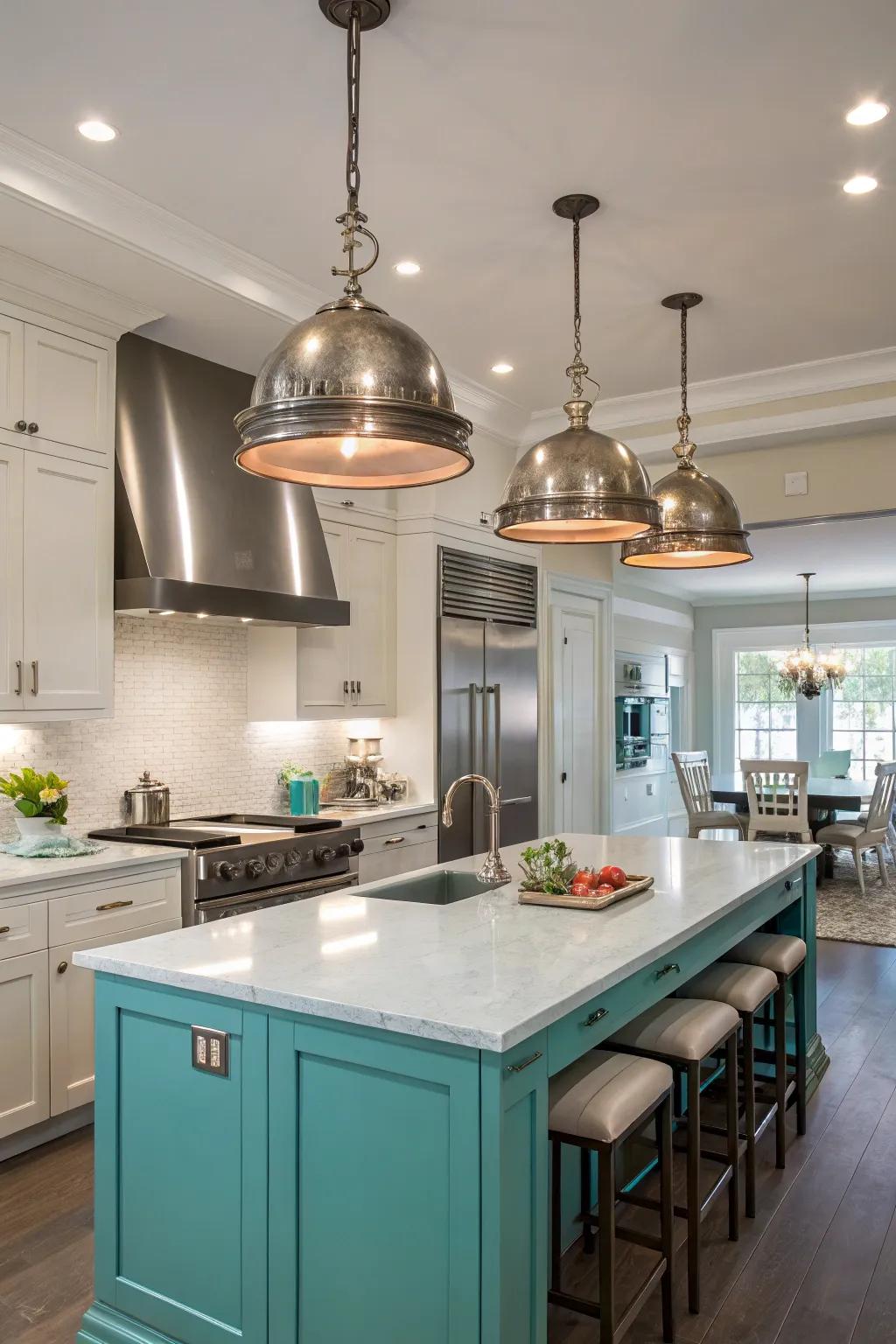 Metallic lighting features incorporate elegance and enhance the cooking area's radiance.