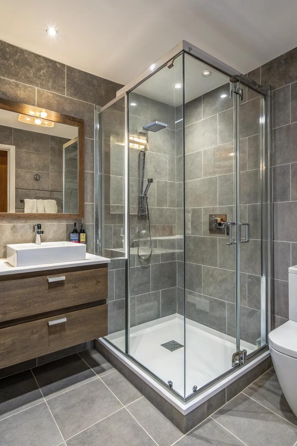 A modern glass-enclosed shower with grey tiles for a sleek look.