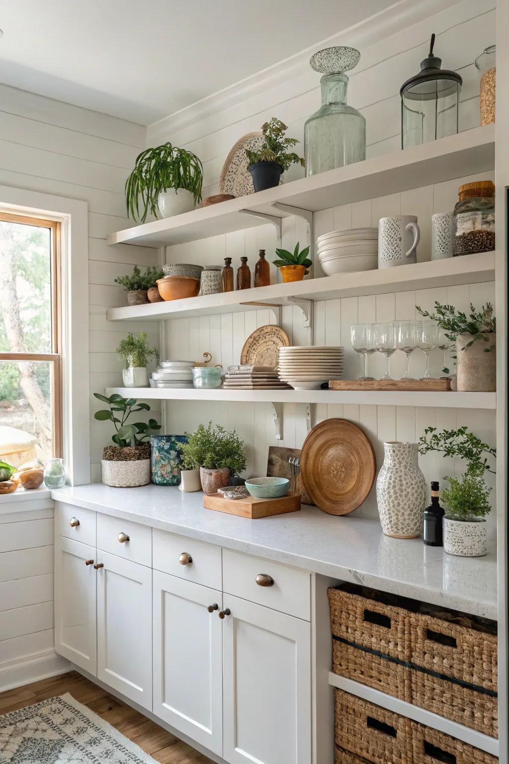 Minimalistic open shelving in a grey and white kitchen