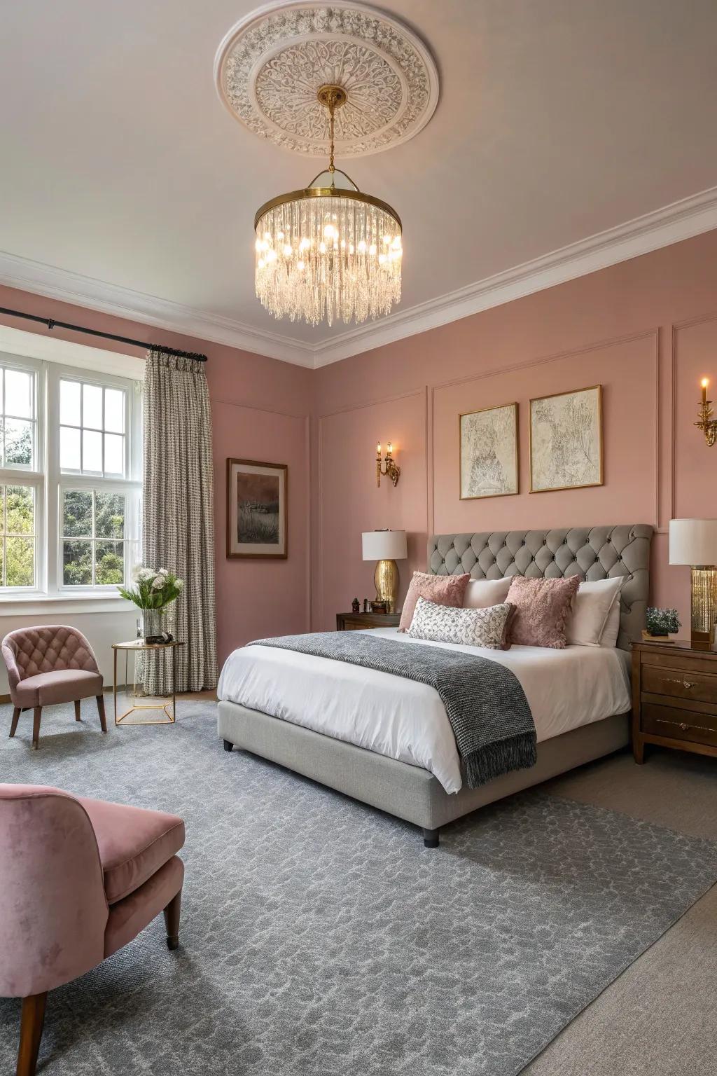 Rose-tinted walls bring refinement and color to grey floor coverings.