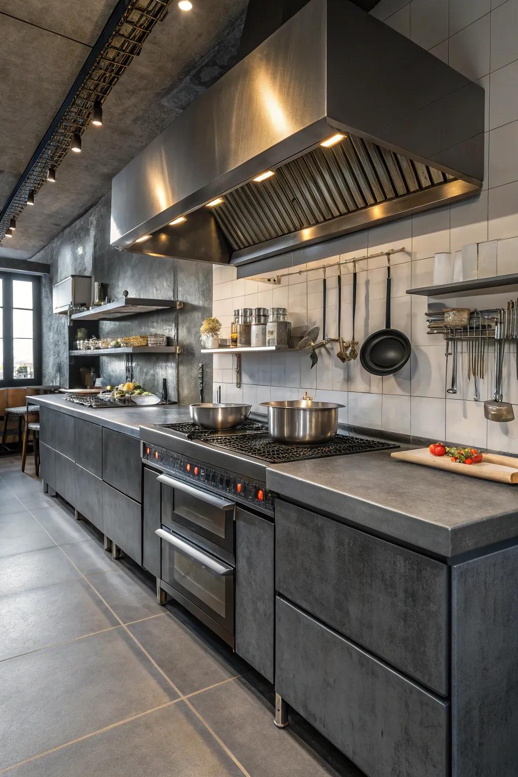 An industrial kitchen that highlights striking dark grey countertops.