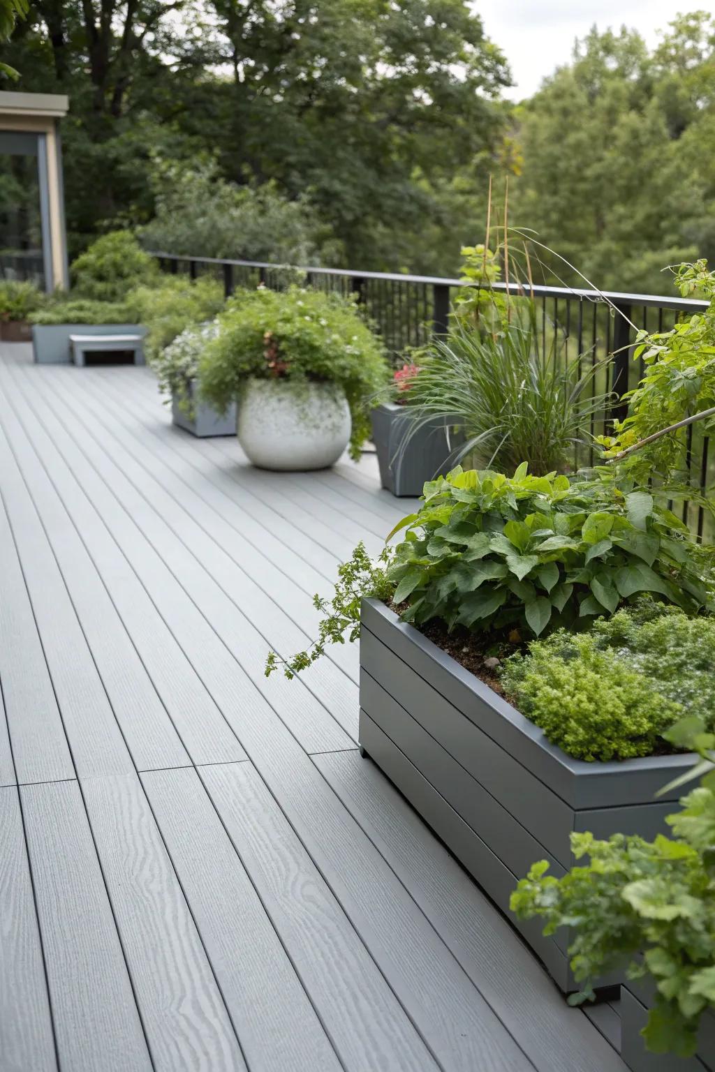 Plant life encircling a tranquil grey deck.