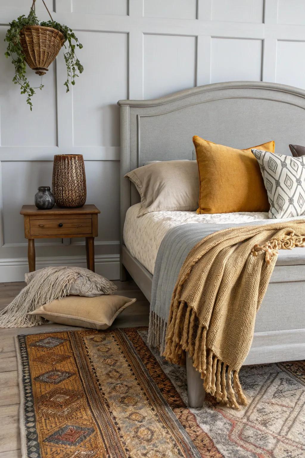 A warm and welcoming bedroom with a grey headboard and comfortable accessories.