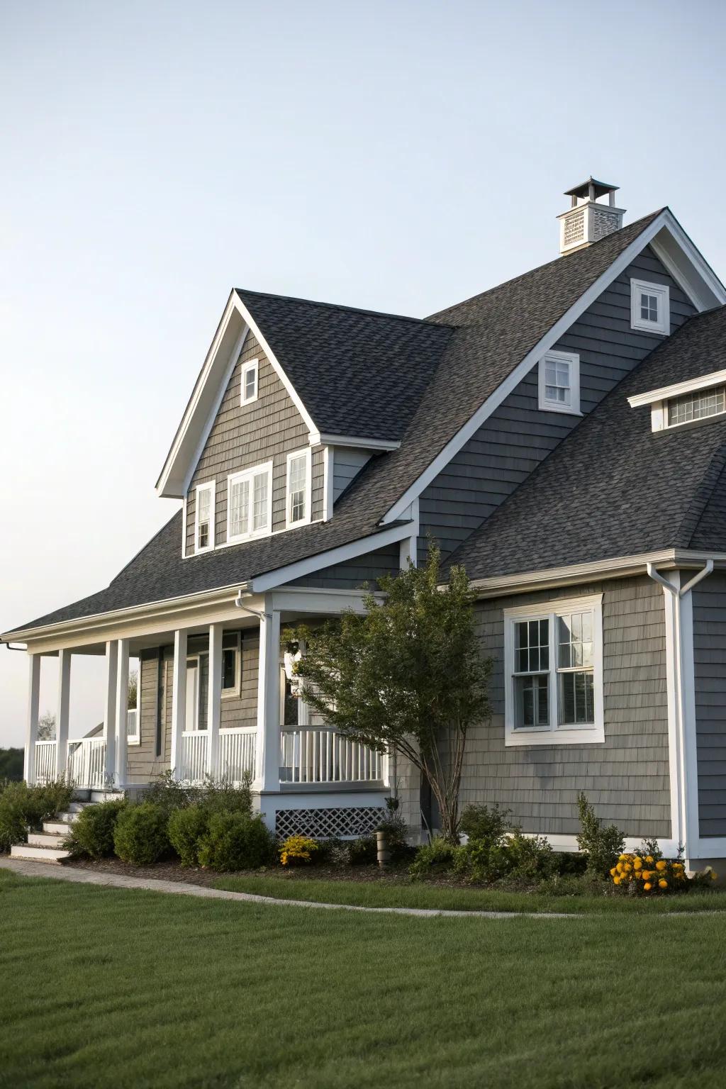 A striking contrast featuring a grey exterior and charcoal roof.