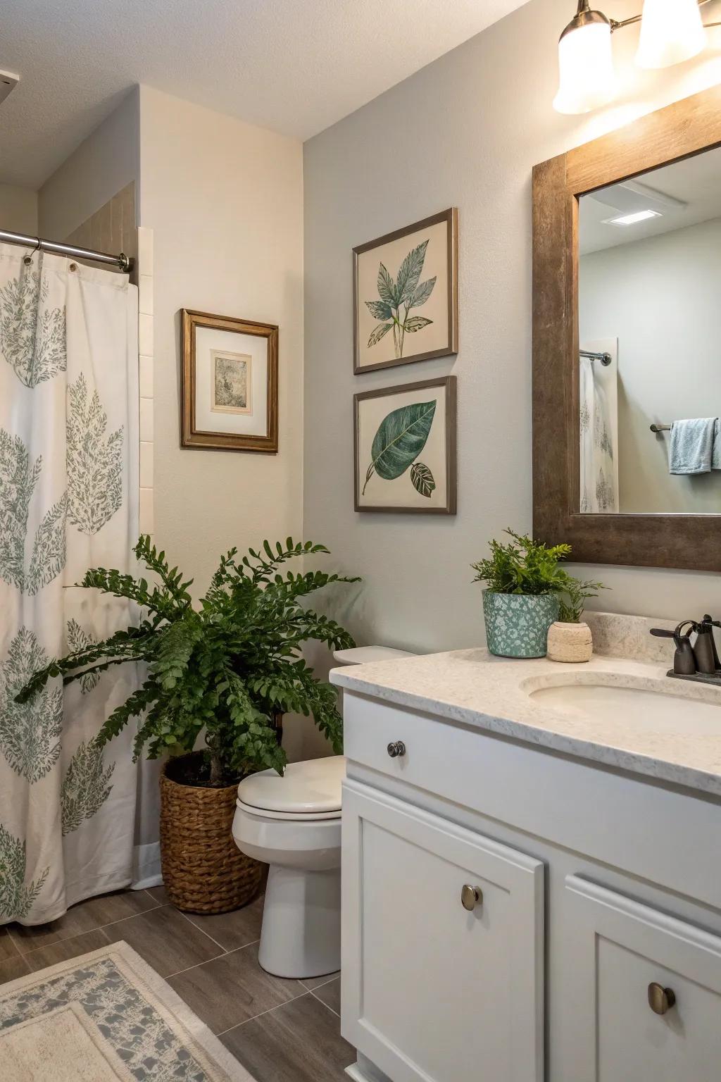 Personal accents like plants and art make this guest bathroom welcoming.