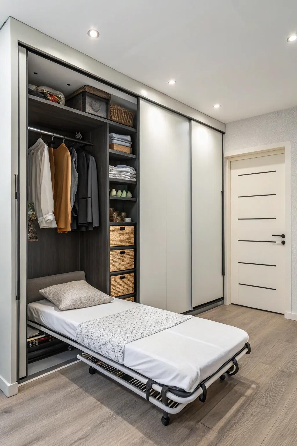 A folding bed that disappears into the closet, ready in just a moment.