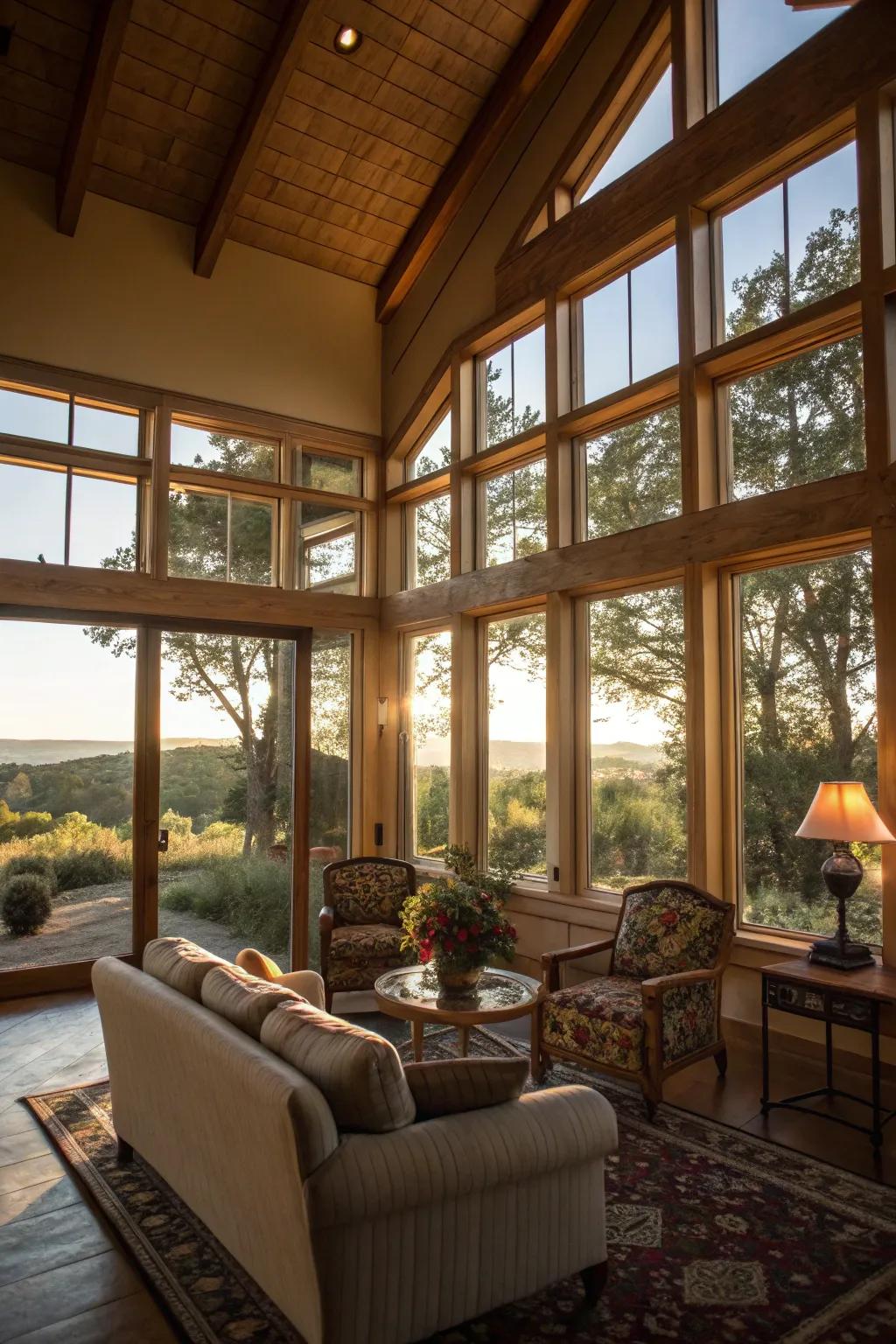 A guest house with big windows that let in lots of sunlight and make it feel open.