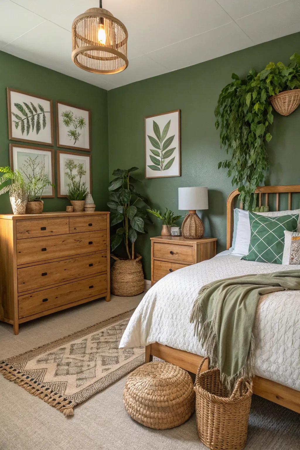 A guest room wrapped in deep forest green for a natural escape.
