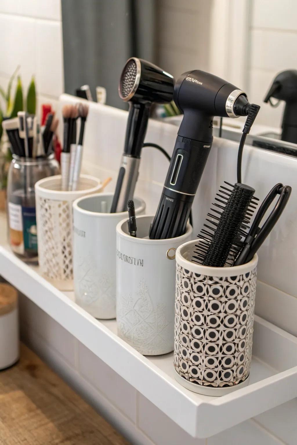 Elegant standalone containers designed for upright storage of hair tools.