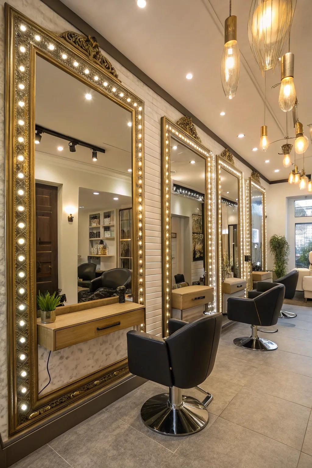 Mirrors and lighting together make a salon feel larger.