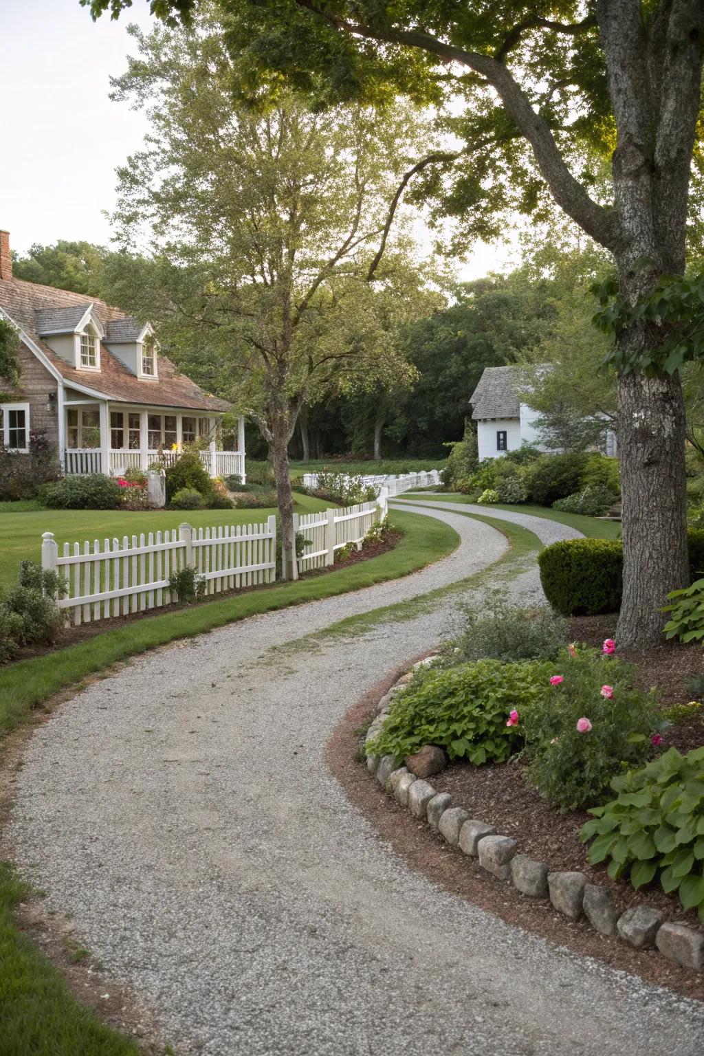 Gravel walkways present a rustic and inviting atmosphere.