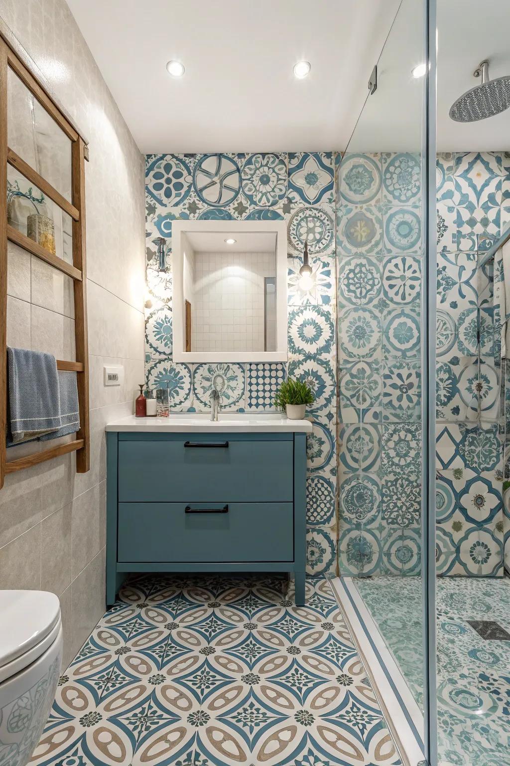 Creative tile details add personality to this bathroom.