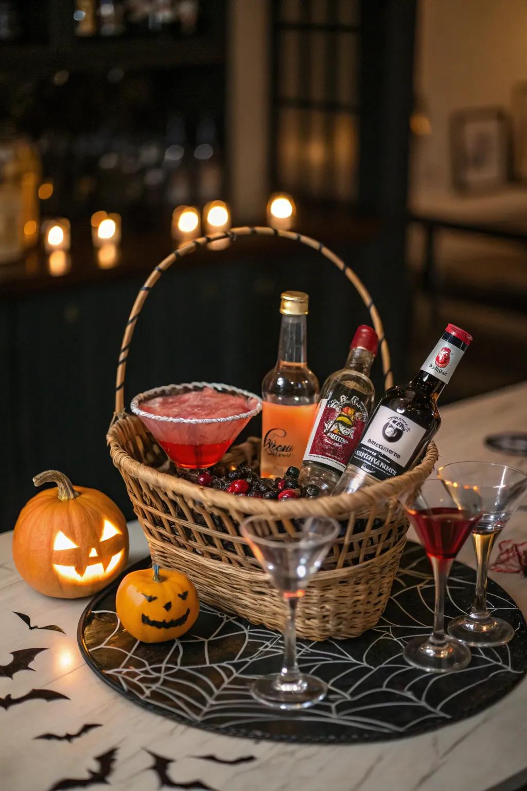 A mini bar in a basket for those who love Halloween cocktails.