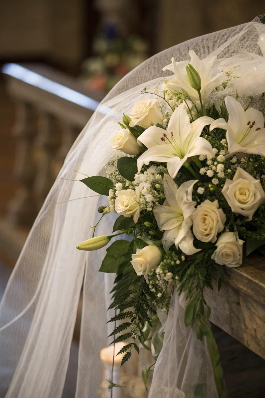 White flowers establish an elegant and ethereal ambiance for Halloween.