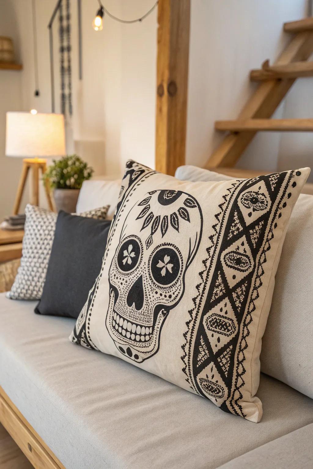 Elevate your Halloween aesthetic with a touch of sophistication: Crania motif cushion merging striking design with serene simplicity.