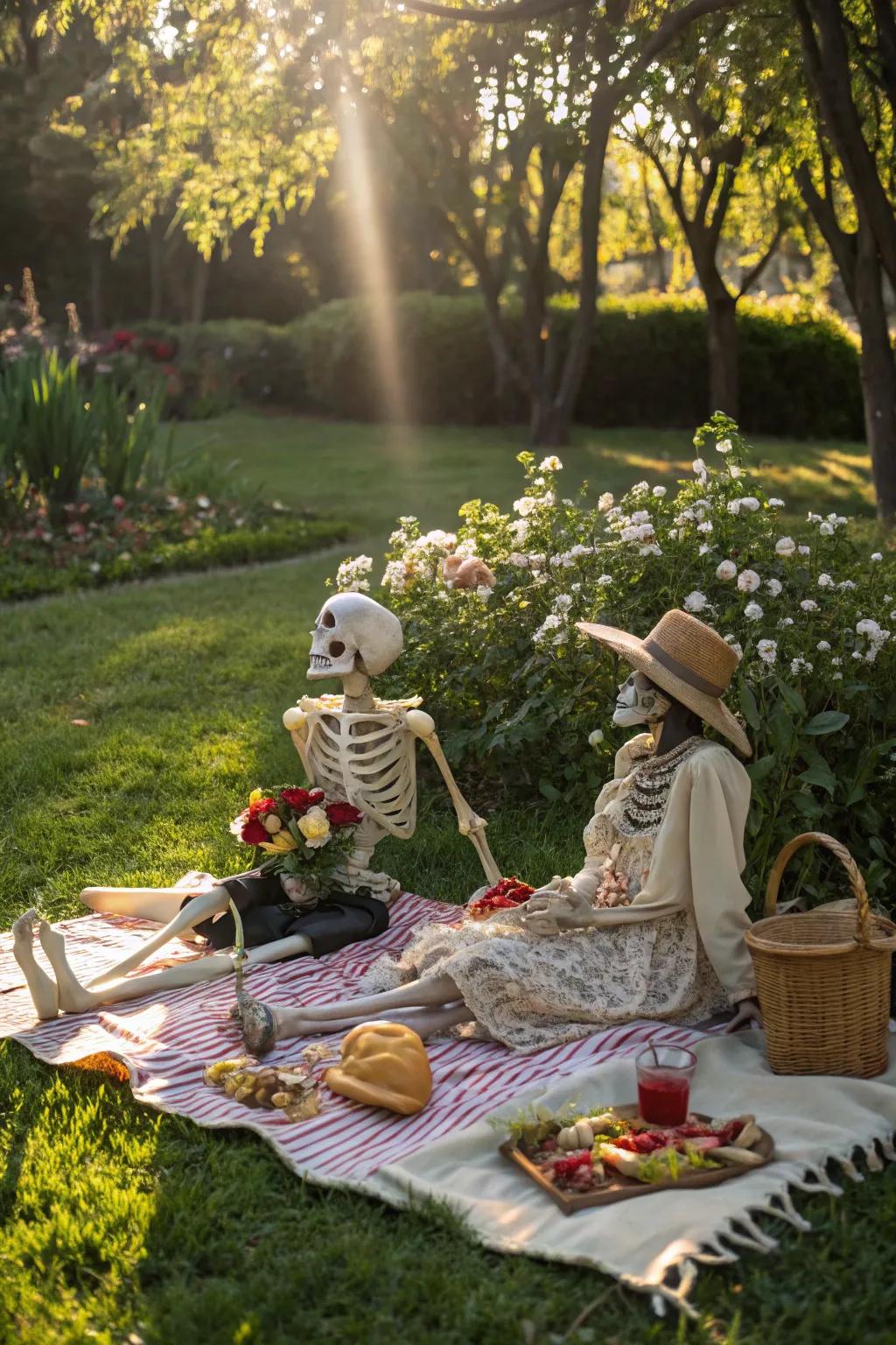 Skeletons in a picnic infuse a whimsical charm into your Halloween decors.