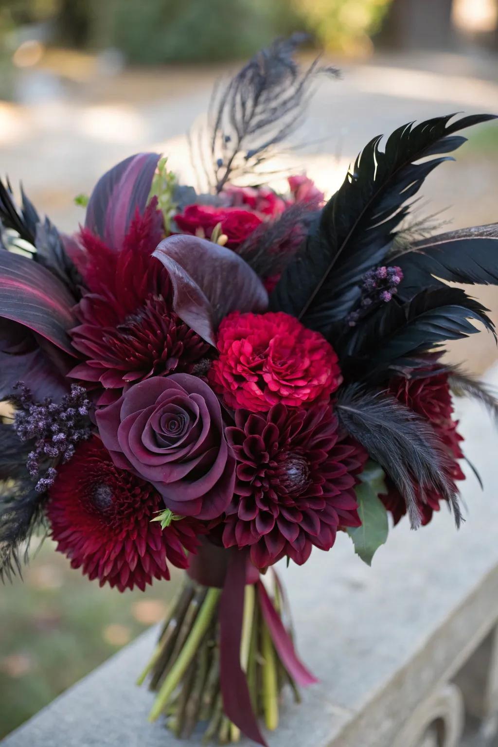Brooding florals impart an enigmatic elegance.