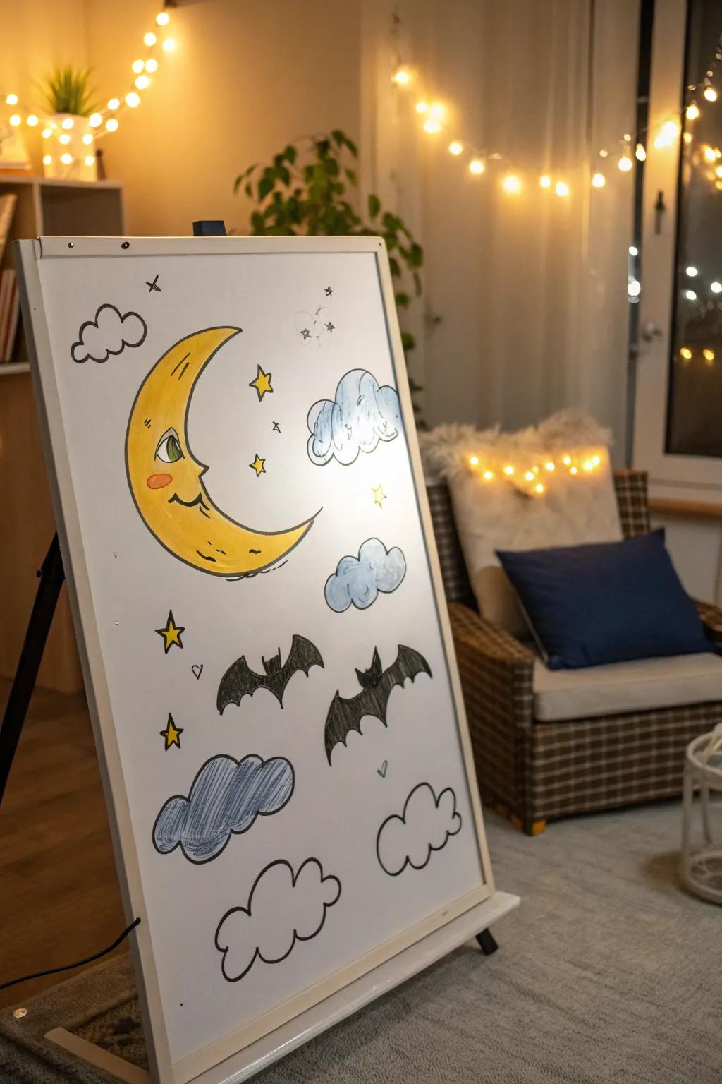 An arcane luna evening scene depicted on a whiteboard.