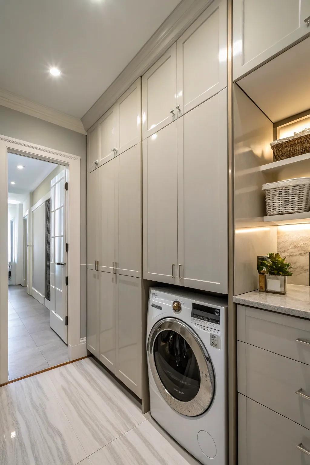 Elegant built-in cabinets help keep the laundry area tidy.