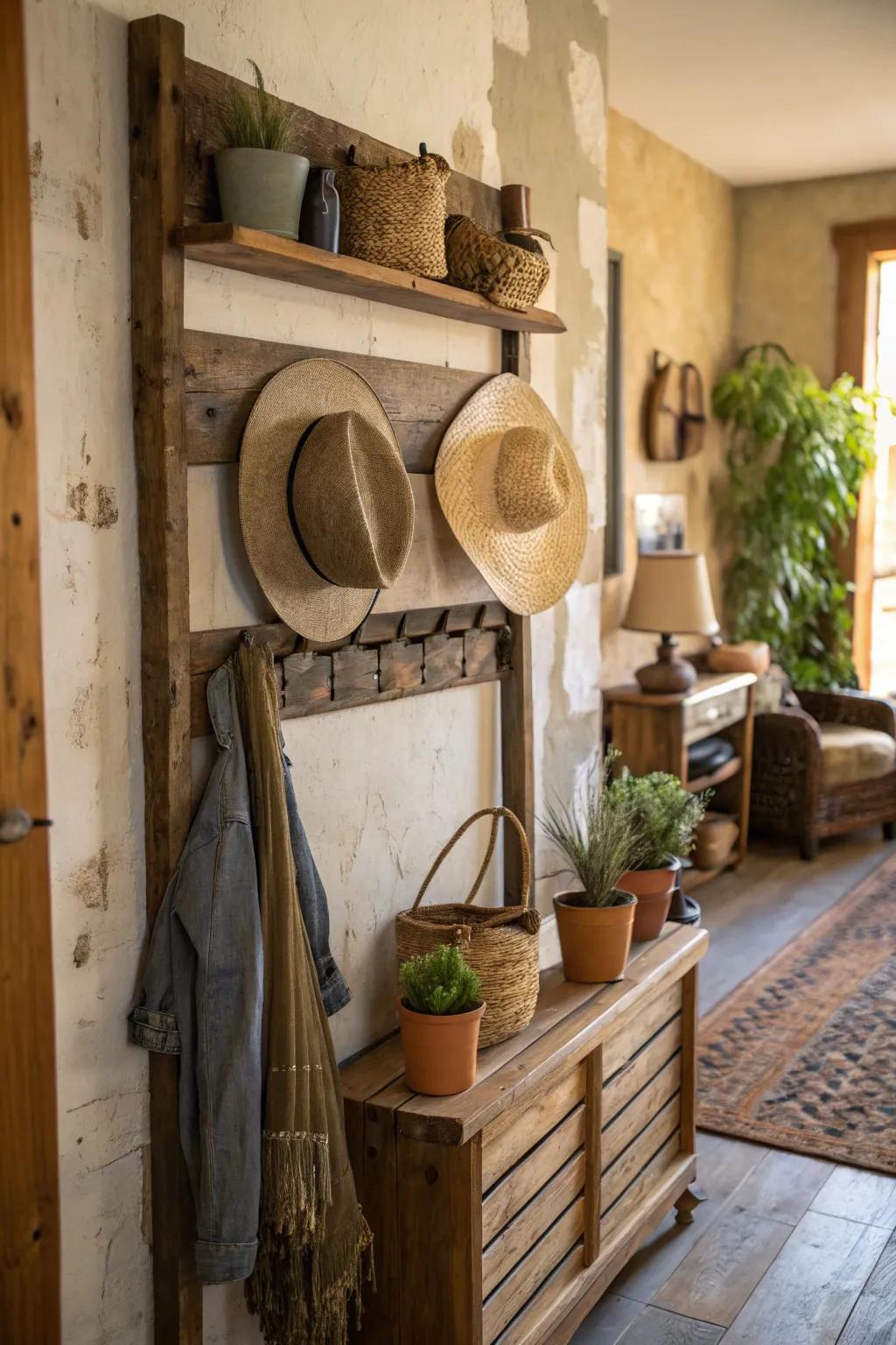 A do-it-yourself hat display with a rustic flair.