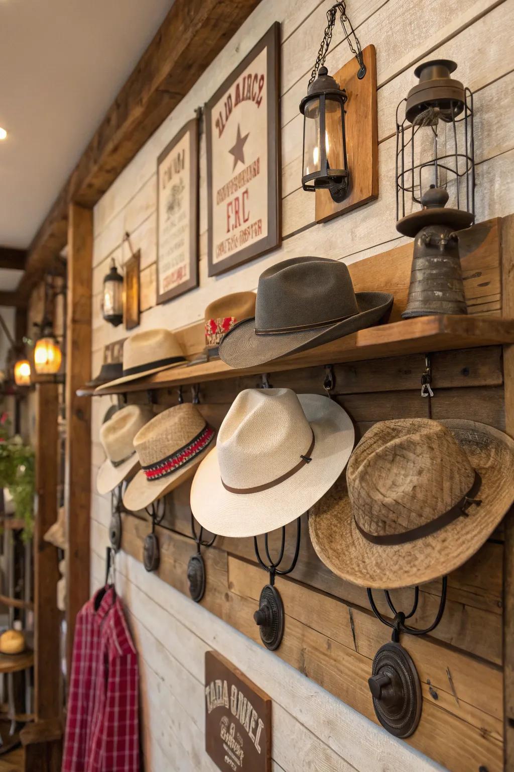 A country theme imparts charm to your hat exhibit.