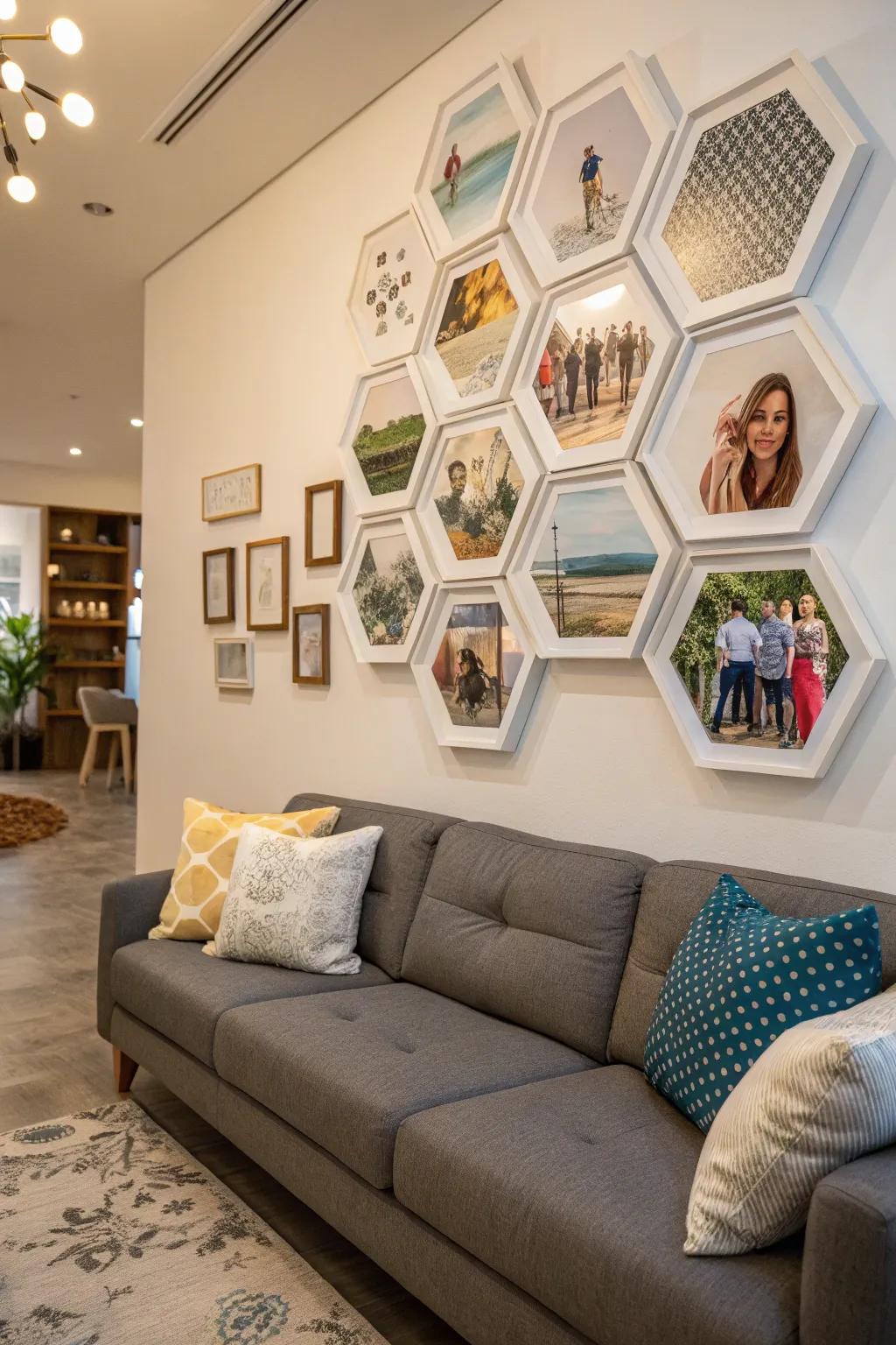 Hexagon frames produce a distinctive and personalized gallery wall.