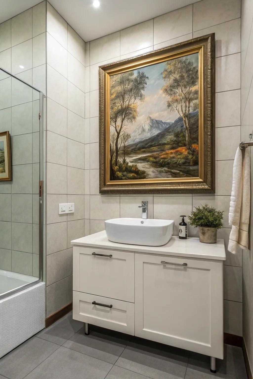 A painting cleverly concealing a storage cabinet in a stylish bathroom.