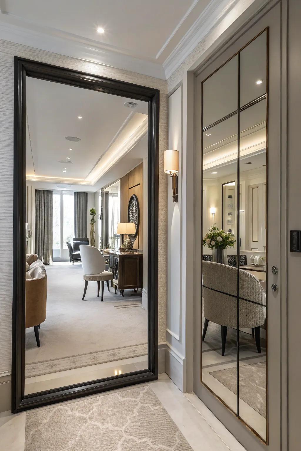 A pivot mirror door offers a stylish and functional passage between spaces.