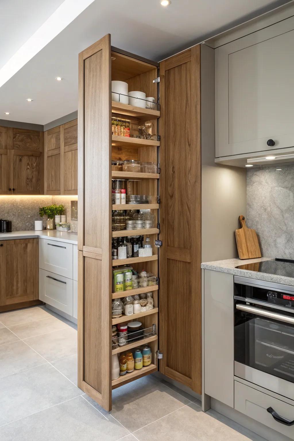 A full-length secret pantry capitalizing on vertical storage effectively.