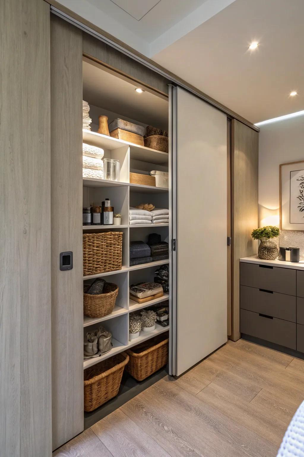 Maximize space using sliding doors that double as hidden storage.