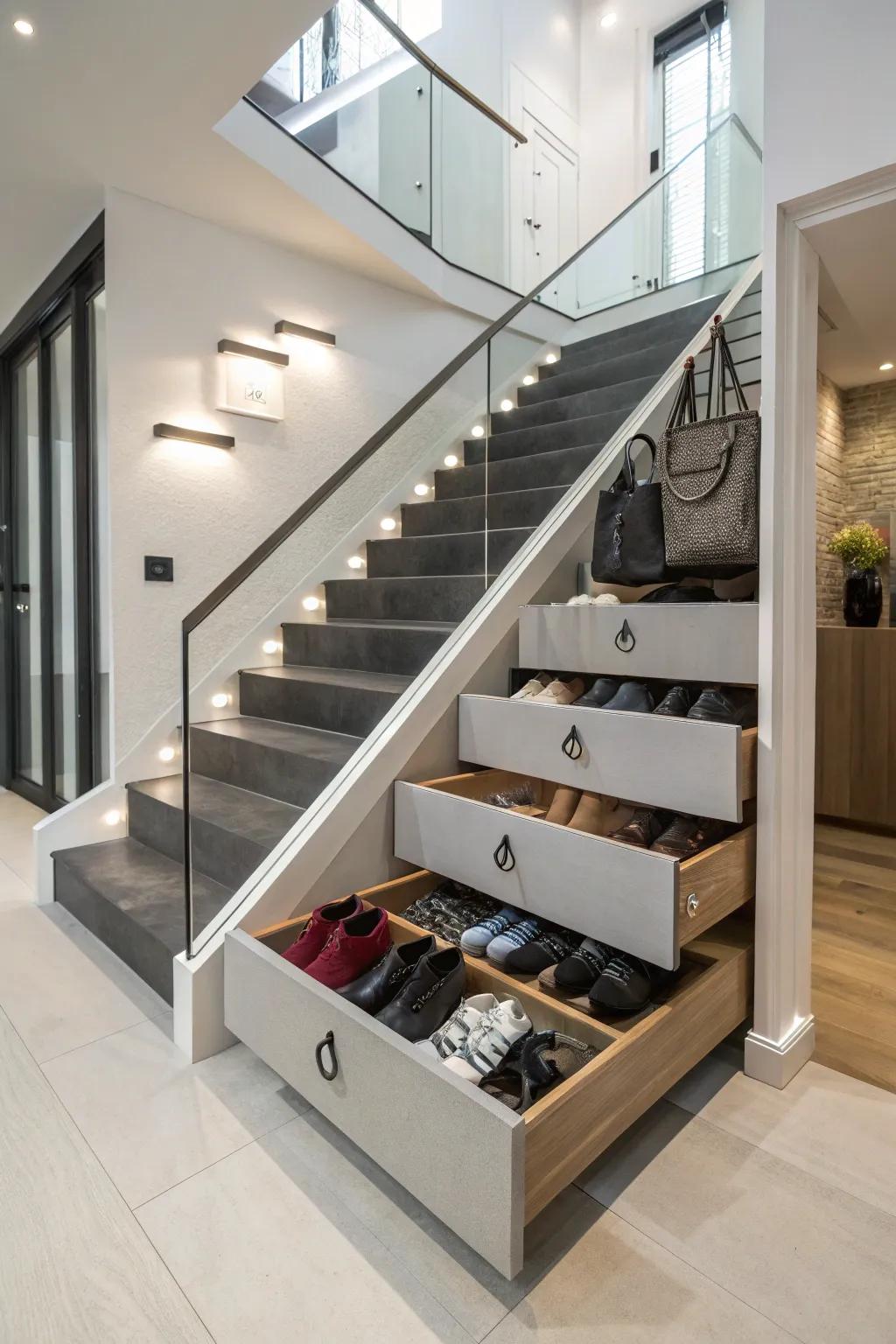 Innovative staircase storage featuring hidden drawers