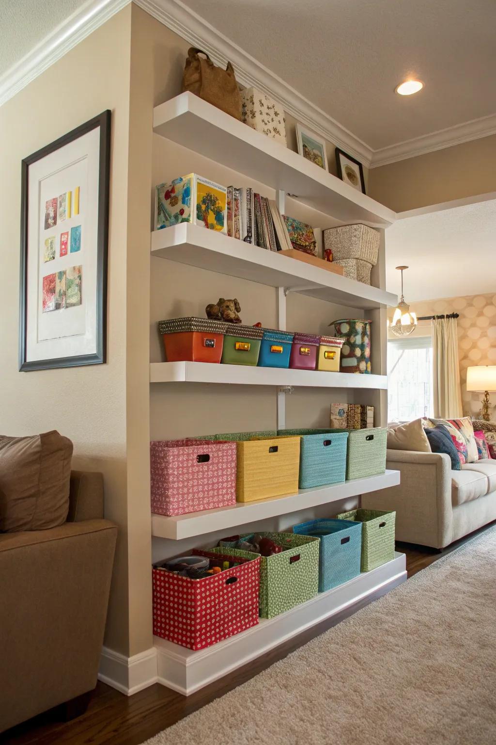 Floating shelves styled with boxes for fashionable toy storage.