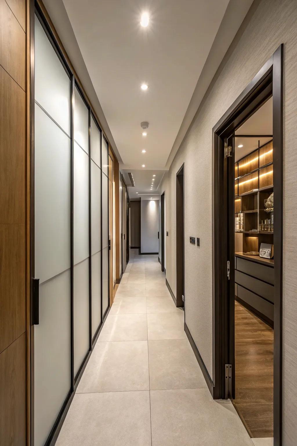 Fashionable gliding doors in a narrow space concealing a furnace and water heater.