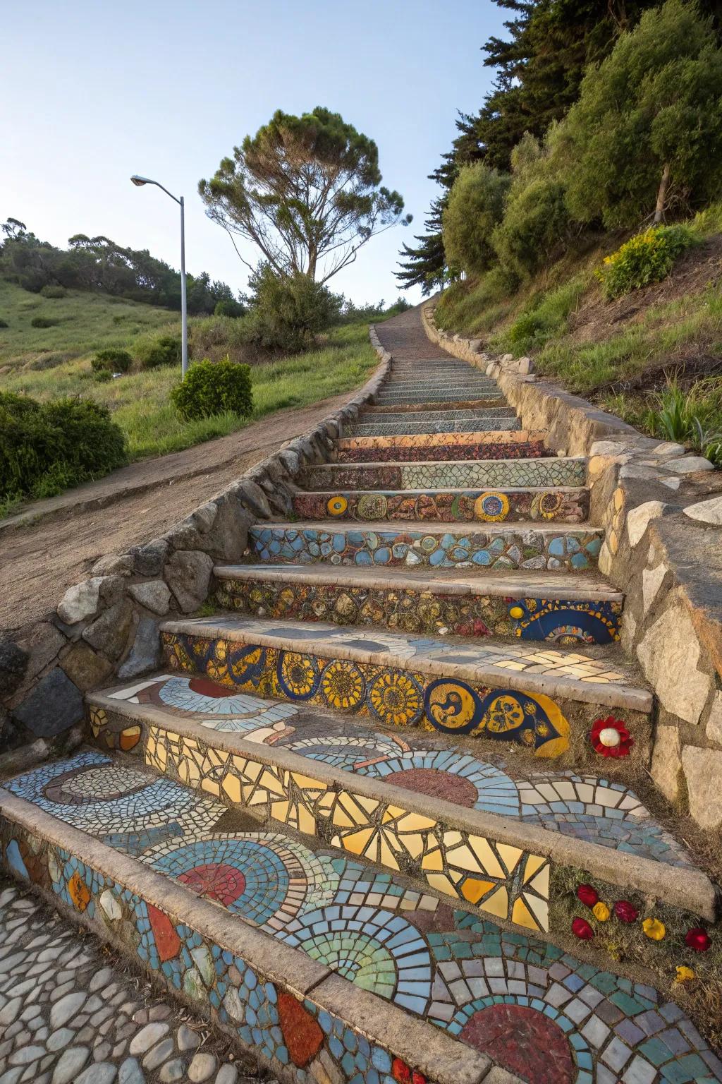 Tile treads bring vibrant artistry to garden slopes.