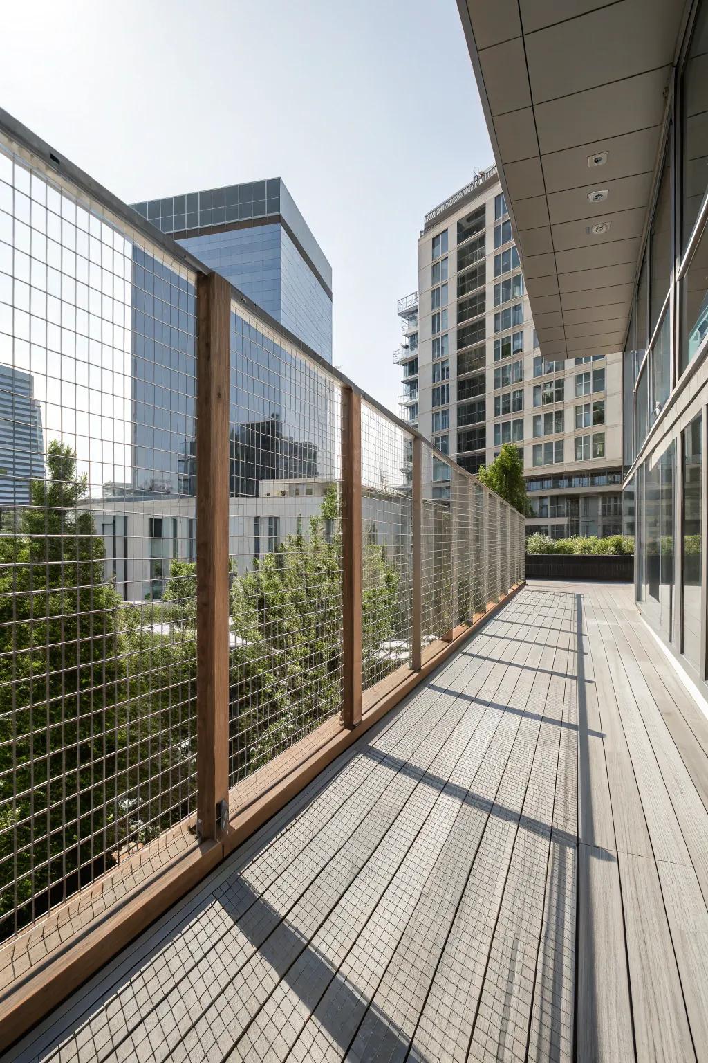 Horizontal lines give a modern twist to mesh panel railings.