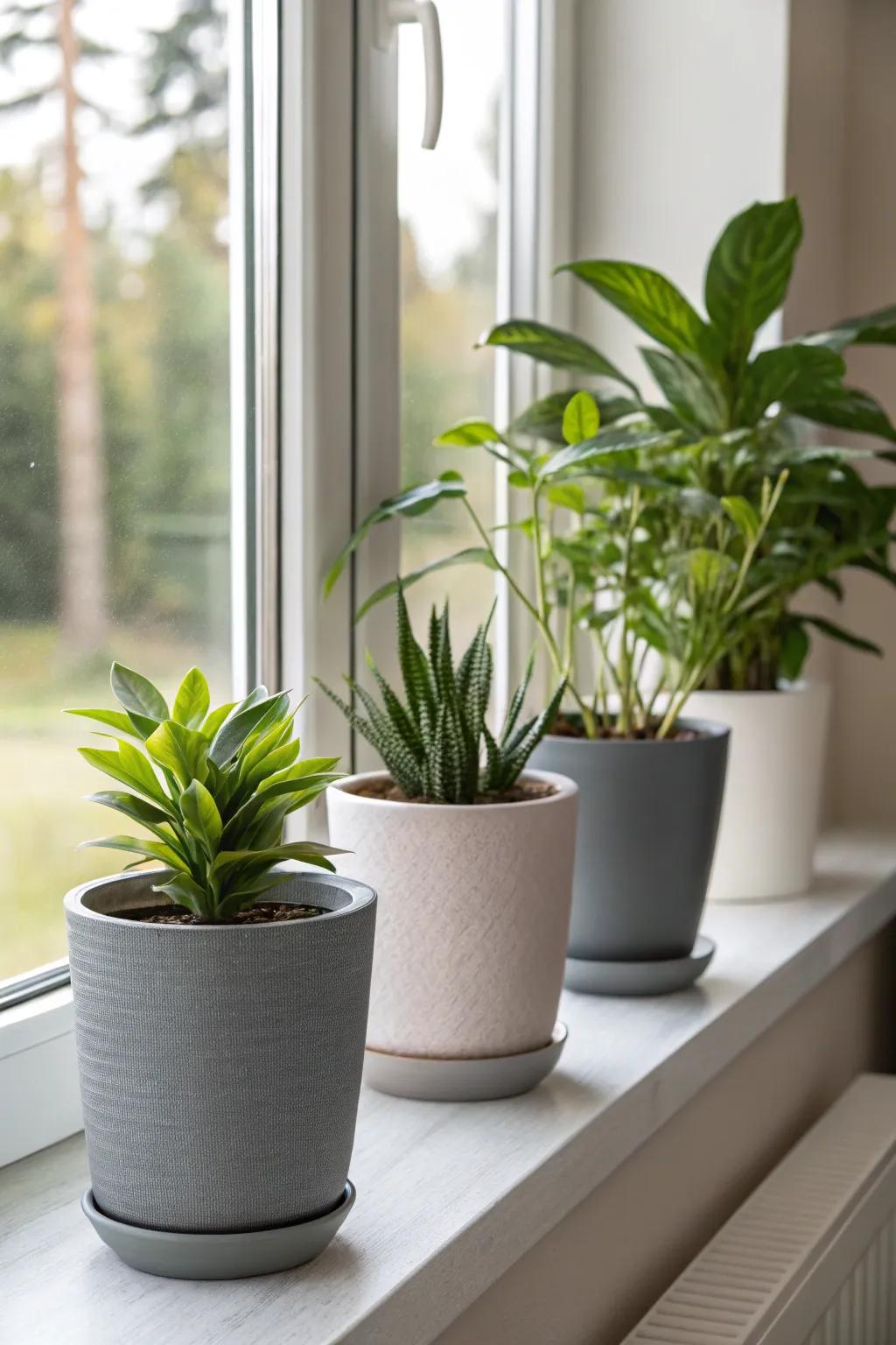 Modern botanical shelters showcasing a diverse assortment of indoor flora upon a sun-kissed windowsill.