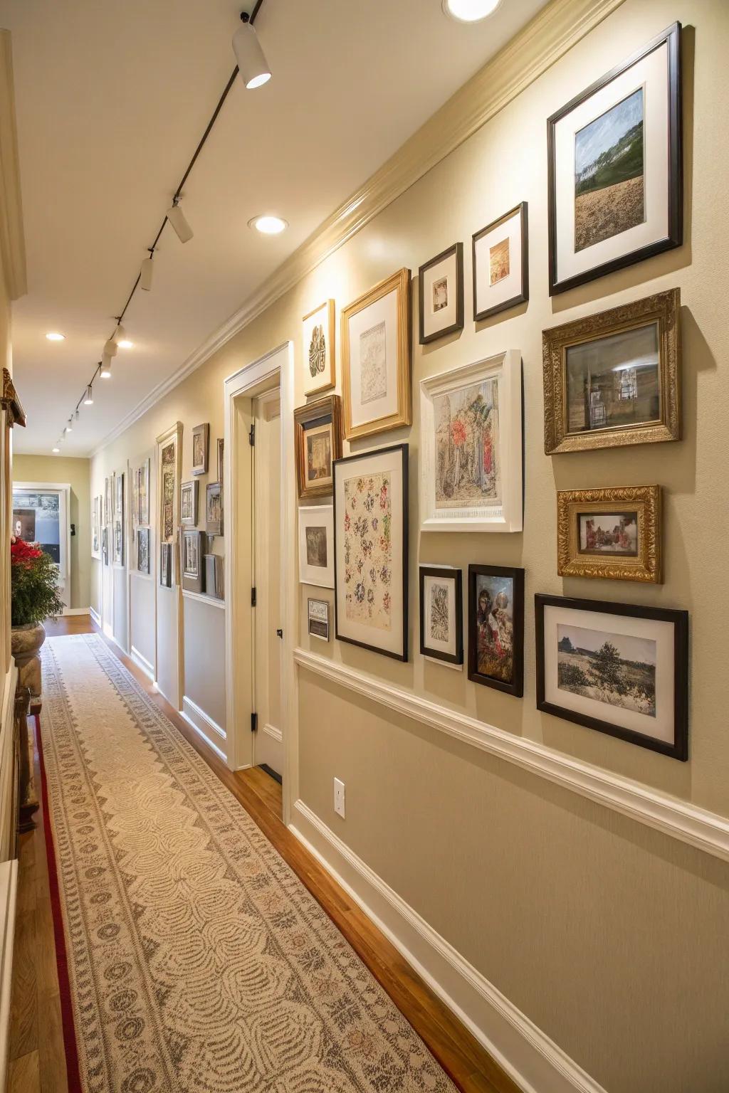 A gallery wall that adds character and interest to a hallway.