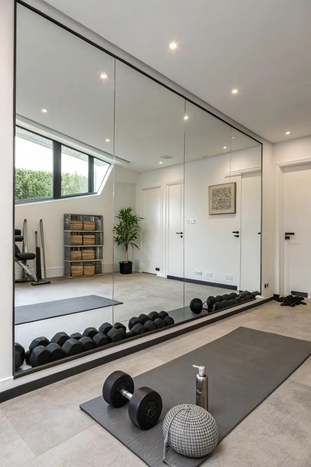 A minimalist gymnasium featuring unblemished aesthetic values and expansive looking-glasses.