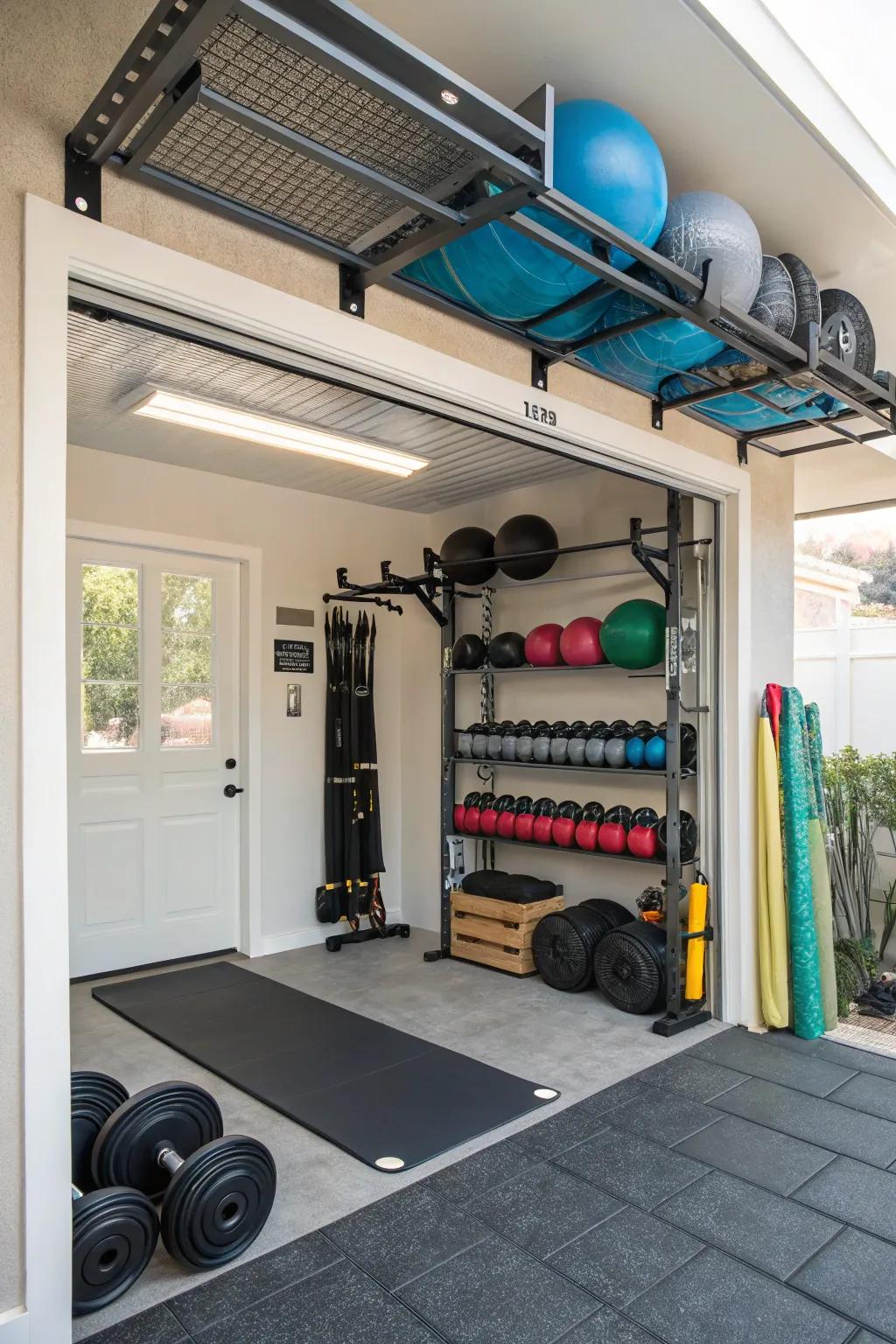 Overhead storage keeps seldom-used items neatly tucked away.