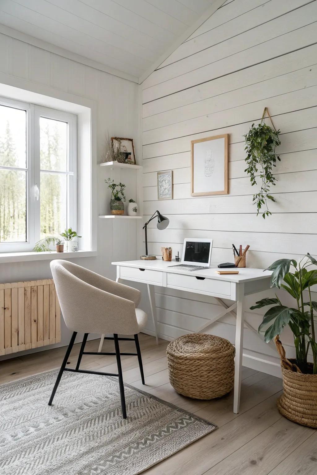 A minimalist touch brings a peaceful and focused vibe to this office setting.